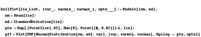  bellPlot[lis_List, {var_, varmin_, varmax_}, opts___] := Module[{mn, sd},  mn = Mean[lis] ;  sd = StandardDeviation[lis] ;  pts = Map[ {PointSize[.02], Hue[0], Point[{#, 0.02}]} &, lis] ;  plt = Plot[PDF[NormalDistribution[mn, sd], var], {var, varmin, varmax}, Epilog -> pts, opts]]